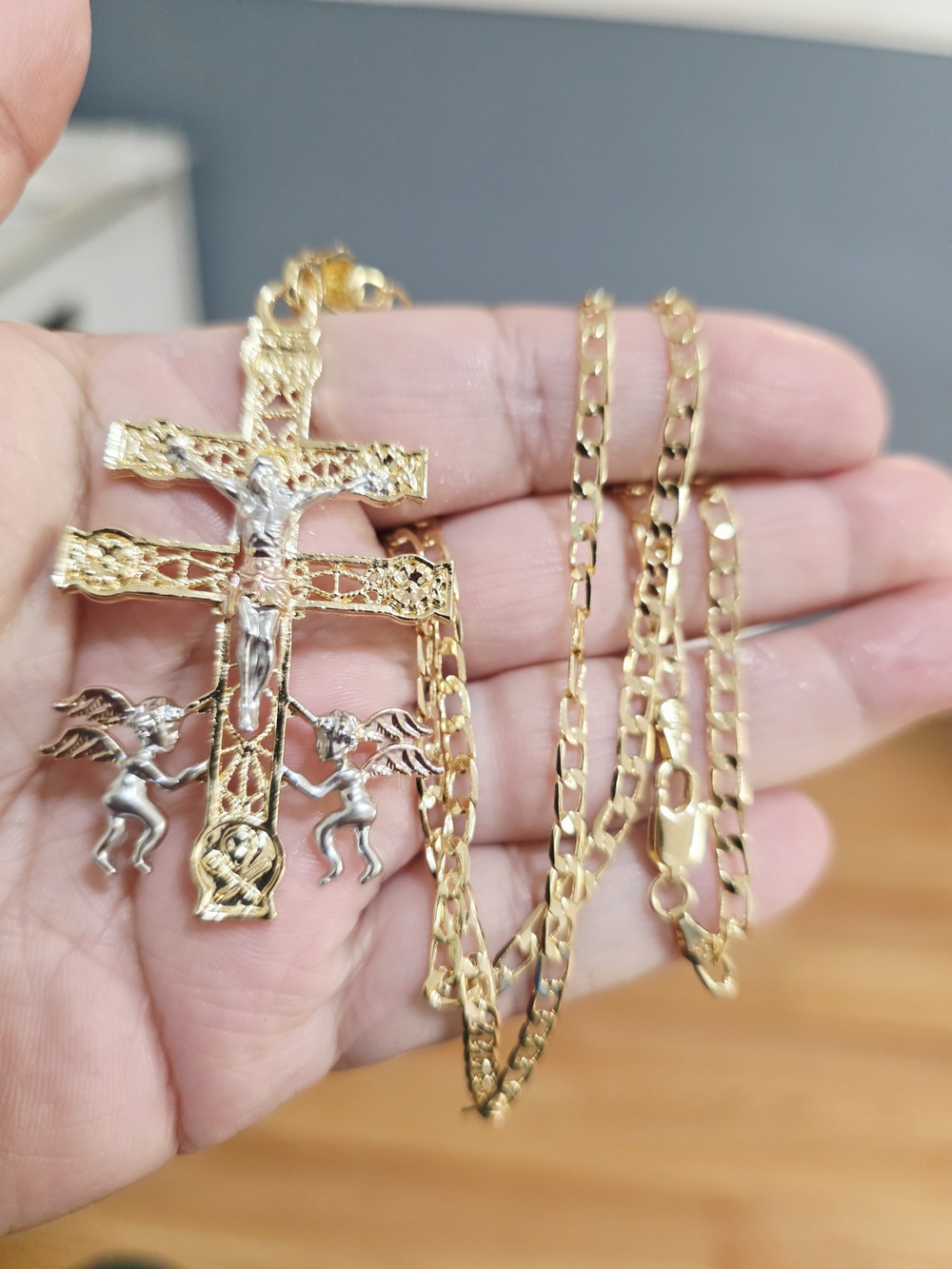 14k Gold Plated Crucifix Necklace with Cherub Accents - Men's Jewelry